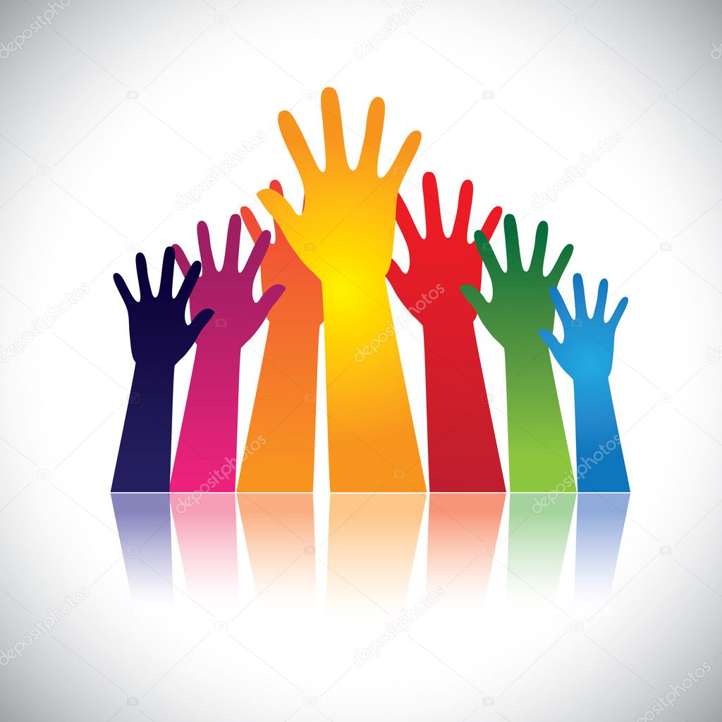Colorful abstract hand vectors raised together showing unity