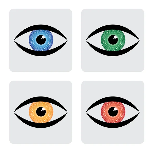 Red, yellow, blue green human eye icons with circuit in iris — Stock Vector