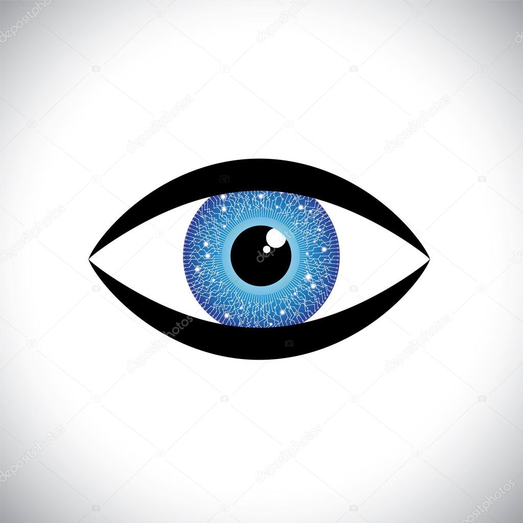 beautiful blue color human eye icon with tech circuit in iris