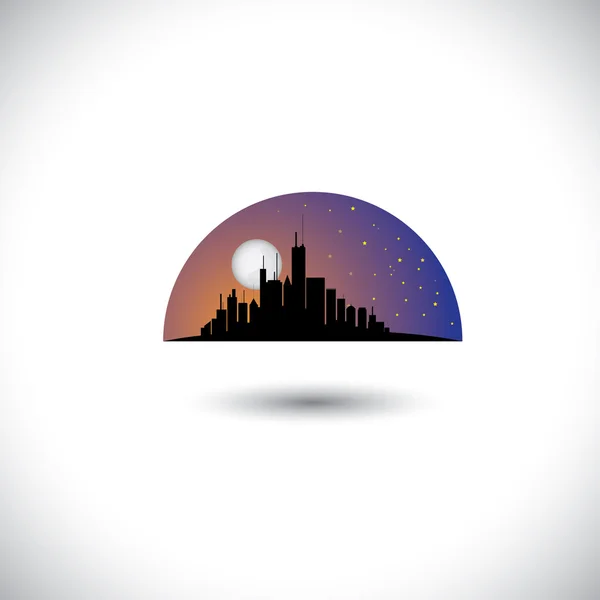 Abstracte stad skyline van silhouet met maan, sterren hemel achtergrond — Stockvector
