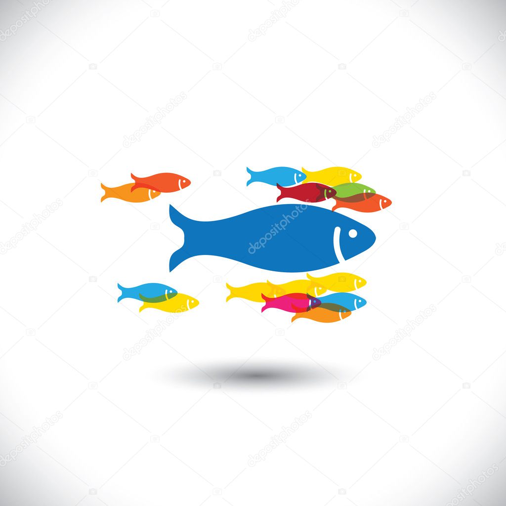 Concept of leadership & authority big fish leading small fishe