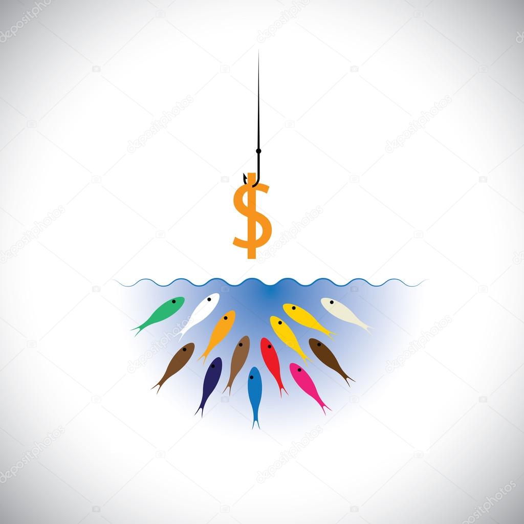 fish hook with dollar as bait for fishing- vector concept