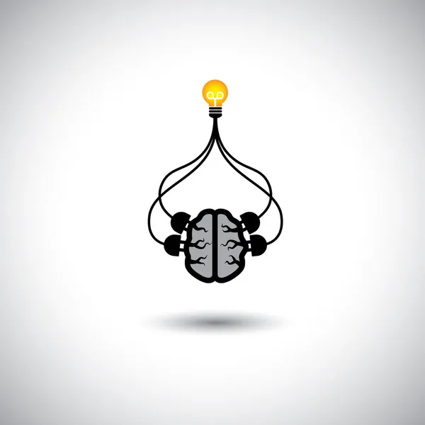 Ícone da lâmpada & cérebro conectado - conceito de vetor de criação de ideia —  Vetores de Stock