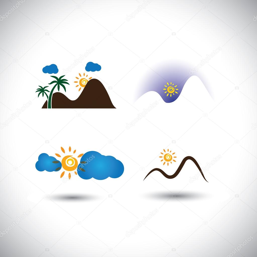 nature icons vector set - mountains, sunsets, sky & sunrises