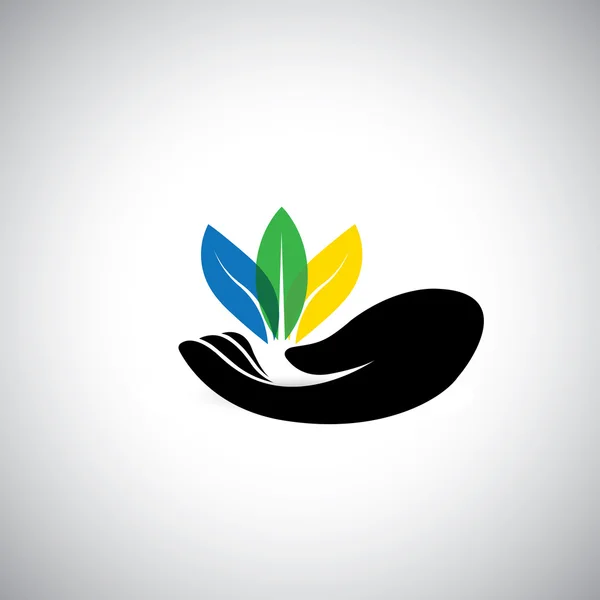 Icônes de feuilles colorées & main de femme - concept de conservation vecteur — Image vectorielle