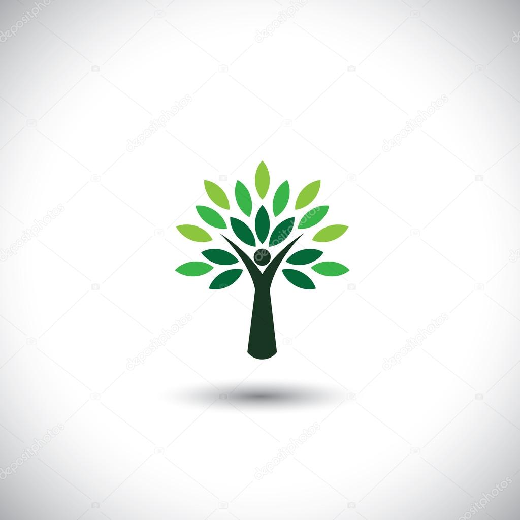 People tree icon with green leaves - eco concept vector. This graphic also represents environmental protection, nature conservation, eco friendly, renewable, sustainability, nature loving