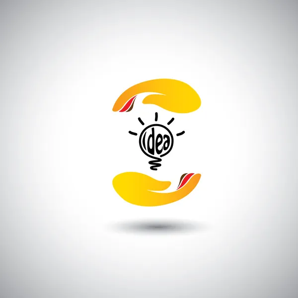 Idea bombilla y mano para la protección - icono de vector concepto — Vector de stock