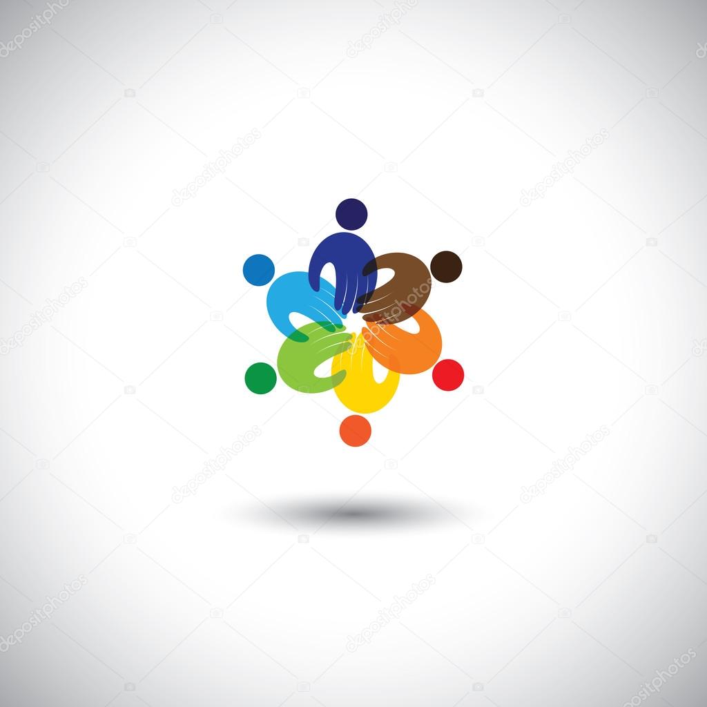employees meeting, kids playing, unity - concept vector icon