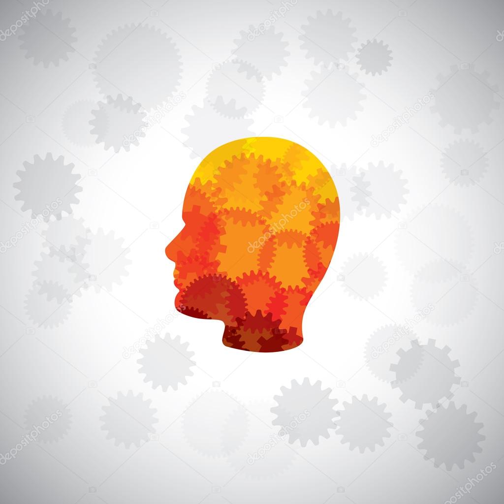 vector concept - puzzle head of human face with gears & cogs