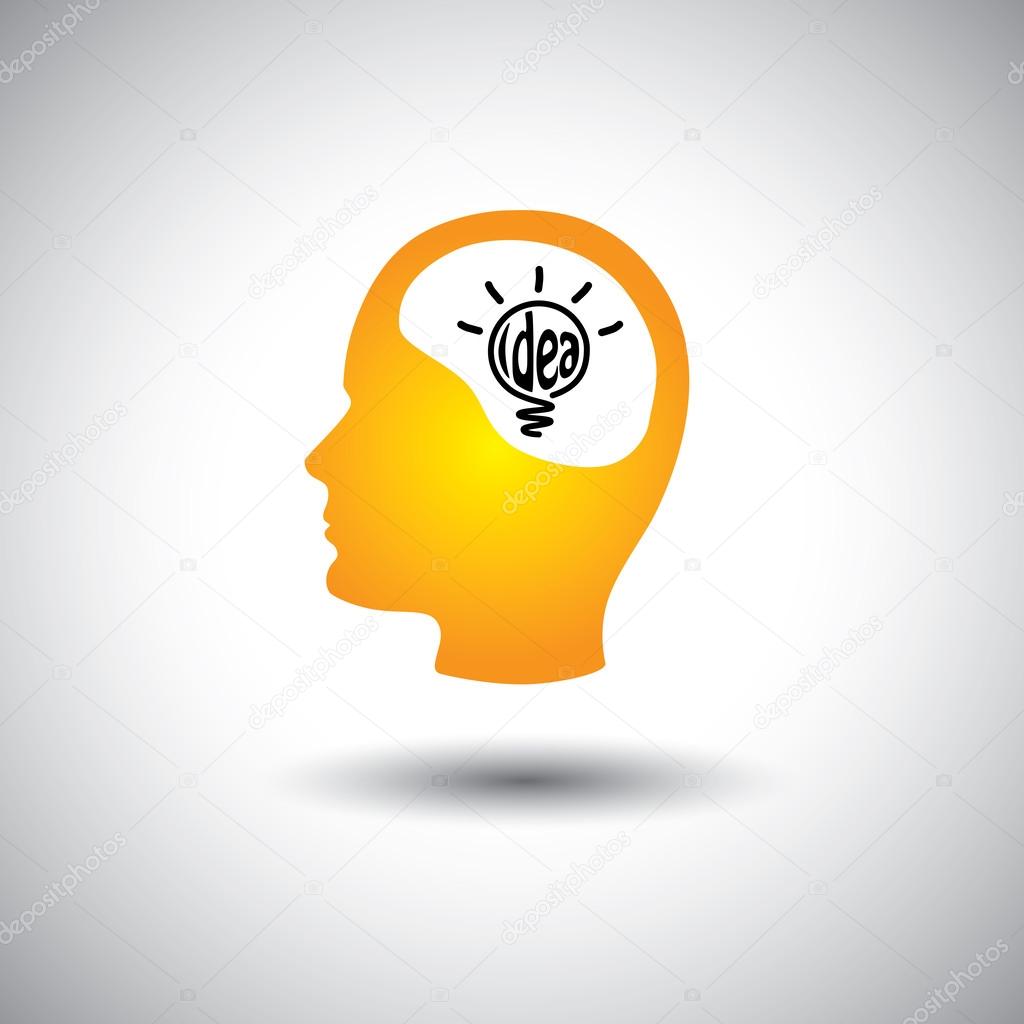 human face & brain with idea bulb - concept vector icon