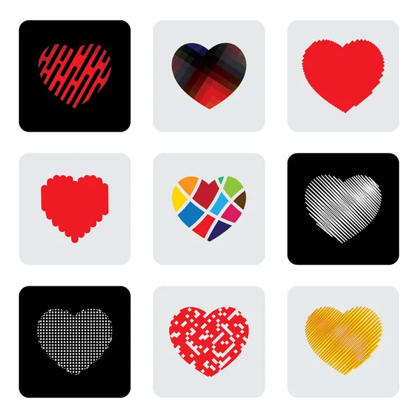 Corazón formas o amor signo vector iconos conjunto — Archivo Imágenes Vectoriales