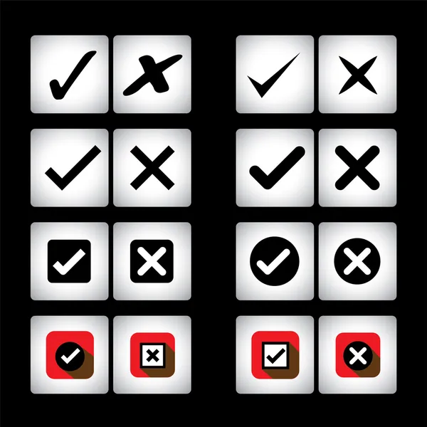 Segno di spunta & croce segno icone vettoriali impostato su sfondo nero — Vettoriale Stock