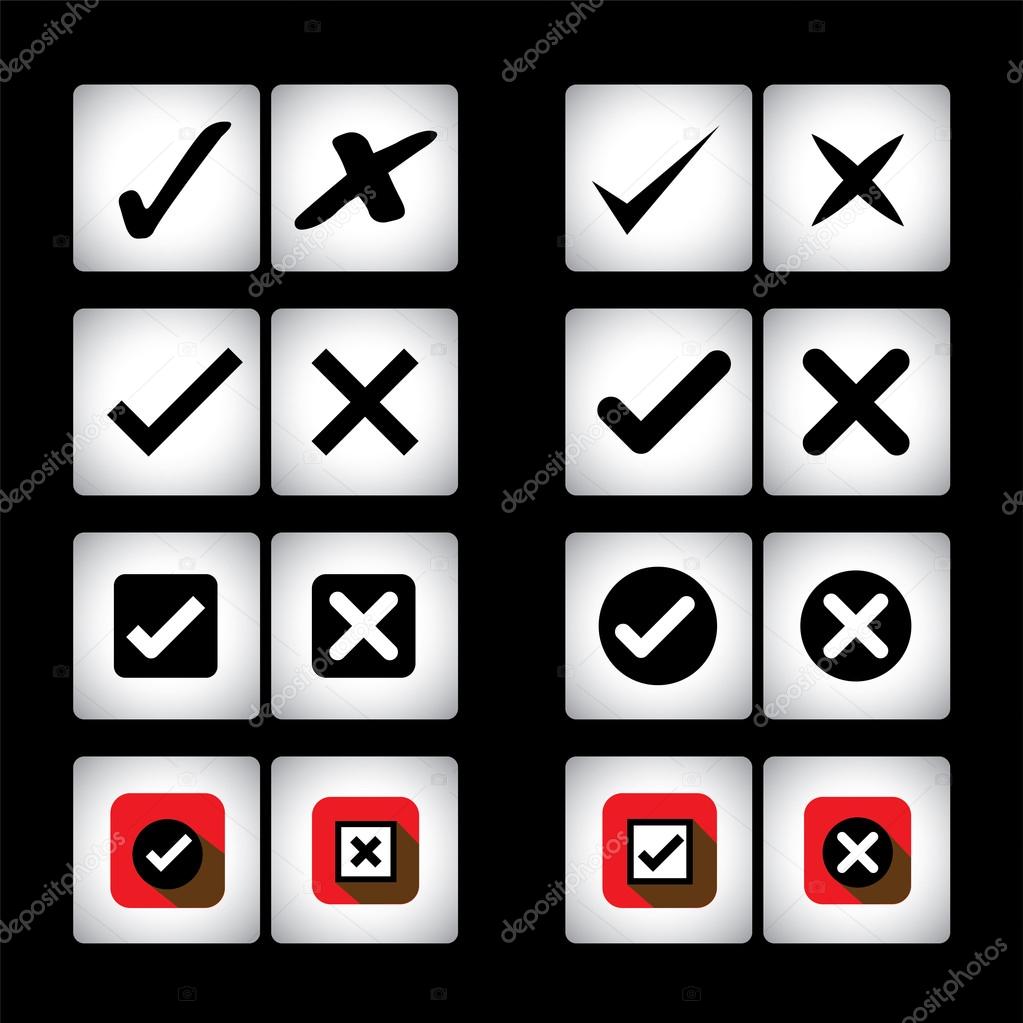 tick mark & cross sign vector icons set on black background