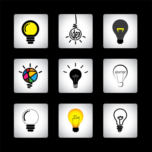 vector icons set of different idea light bulbs on black backgrou