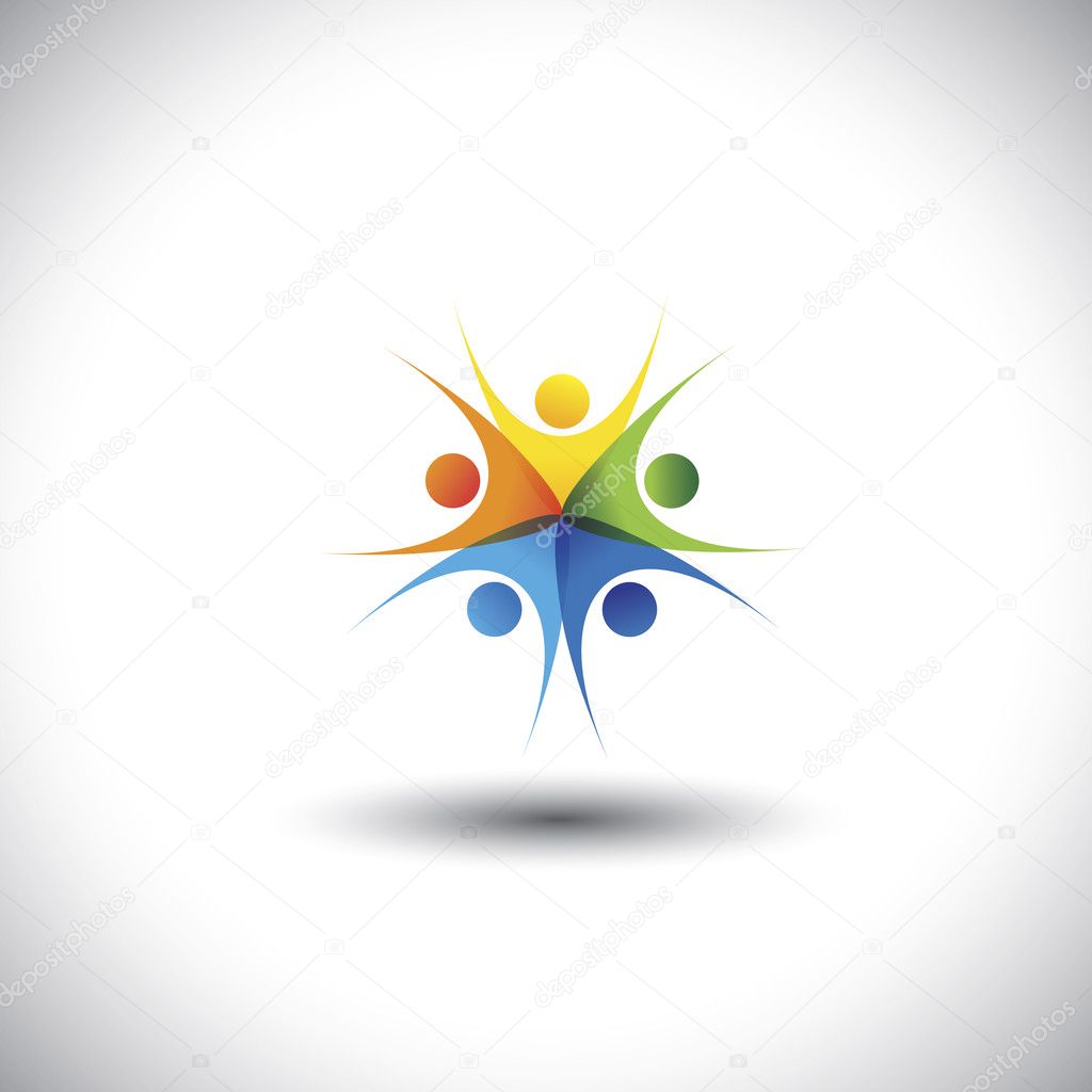 Happy, excited colorful children or kids playing together - vector graphic. This illustration also represents friendship, harmony, trust, togetherness, meetings, integrity, unity, community
