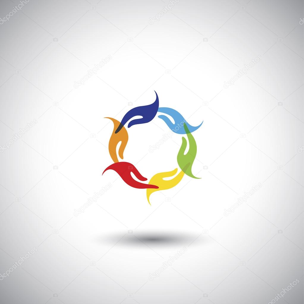 Colorful people's hands multi racial community - concept vector. The graphic illustration also represents harmony, balance, togetherness, friendship