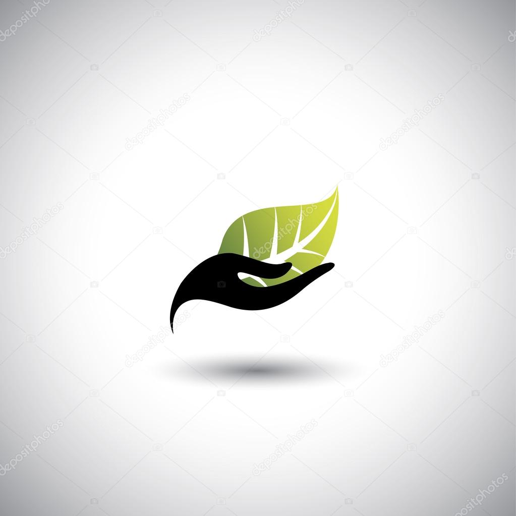 Hand & leaf - nature conservation or spa concept vector. The graphic illustration also represents protecting natural resources, organic products, wellness industry, alternative health