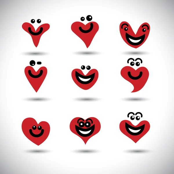 Mutlu, gülümseyen, hareketli kalp simgeler koleksiyonu kümesi - kavram vect — Stok Vektör