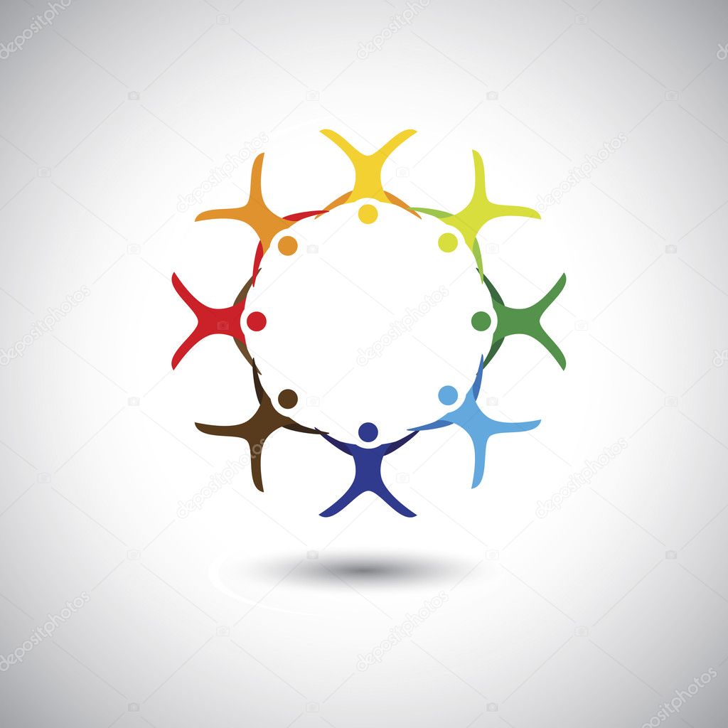Colorful people together as circle of unity, integrity - concept vector. This graphic can also represent colorful kids playing, holding hands, employees union, children active, excited people