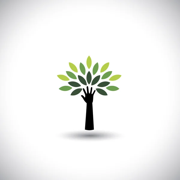 Mano humana & icono del árbol con hojas verdes - vector concepto ecológico — Vector de stock