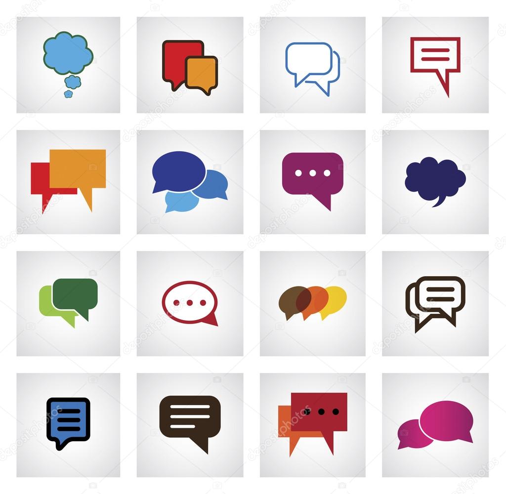 Chat flat icon in different colors, shapes, sizes - vector icons. This graphic illustration also represents online talk, speech bubbles, community interaction, mobile app messaging, internet talk