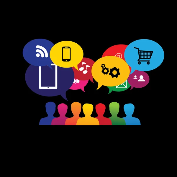 Tüketiciler veya kullanıcıların çevrimiçi sosyal medya simgeler alışveriş - v — Stok Vektör