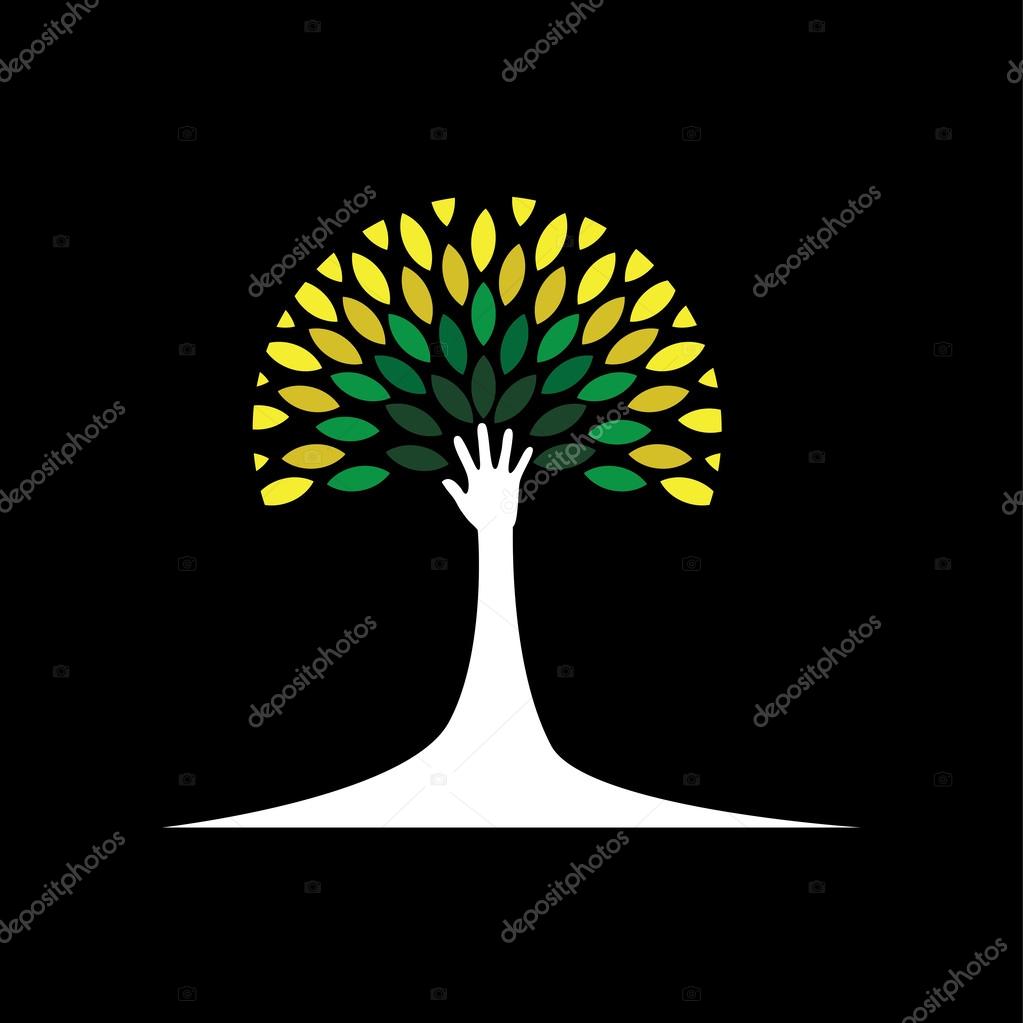 Human hand & tree icon with green leaves - eco concept vector. This graphic also represents environmental protection, nature conservation, eco friendly, renewable, sustainability, nature loving