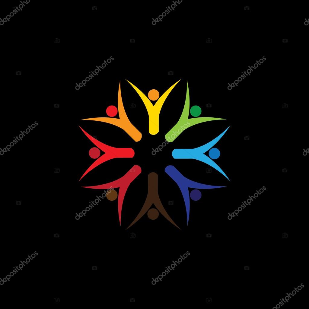 Happy colorful people community in circle - concept vector. This graphic also represents motivated people, team work and team building, inspired employees, children & kids enjoying