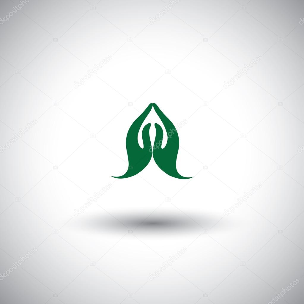 Indian womans hand greeting posture of namaste - vector graphic. This graphic icon can also represent meditation practice, offering prayers to god, respect to others, welcoming guests, yoga mudra