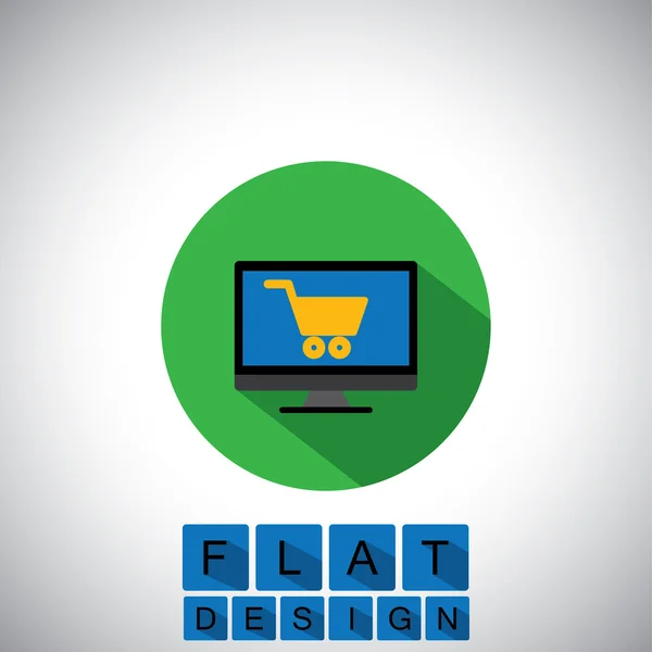 Icono de diseño plano de compras en línea utilizando escritorio o PC - vector — Archivo Imágenes Vectoriales