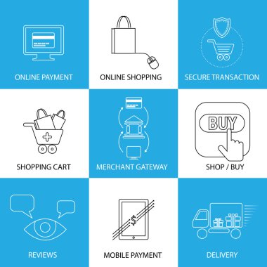 alışveriş, e-ticaret, e-ticaret - kavram ve düz çizgi simgeleri