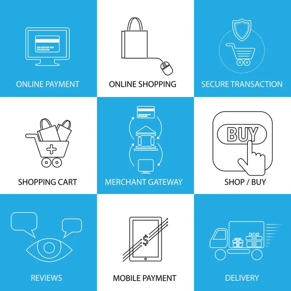 Flat Line Icons auf Shopping, E-Commerce, M-Commerce - Konzept — Stockvektor