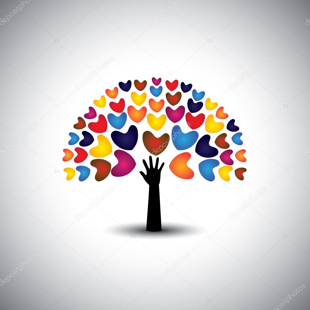 heart or love icons and hand as tree - concept vector.