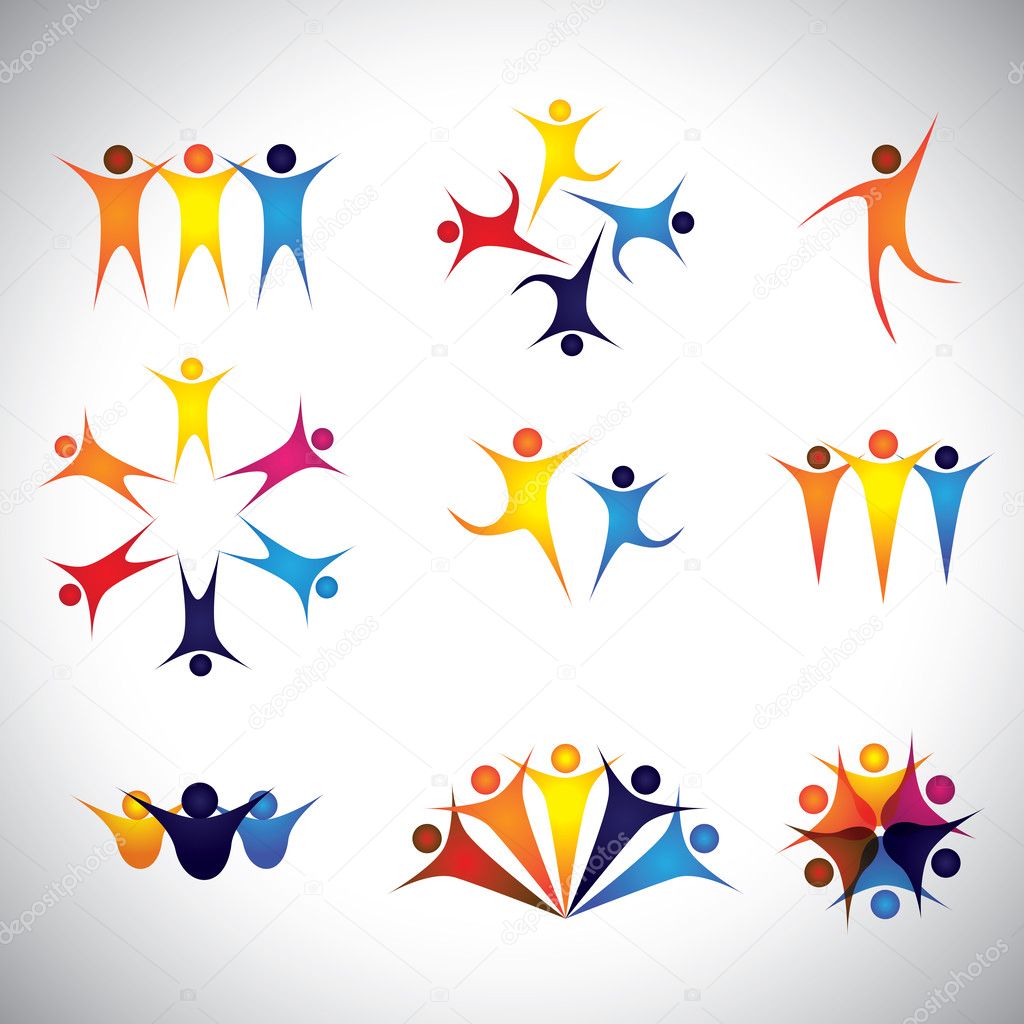 People, friends, children vector icons and design elements. This graphic also represents team & teamwork, leader & leadership, success & winning, group strength, employees & workers, kids playing