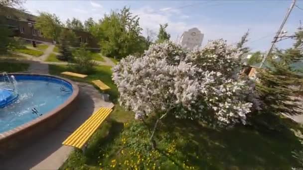 Mała fontanna w zielonym parku przy warsztacie roślinnym wiosną — Wideo stockowe