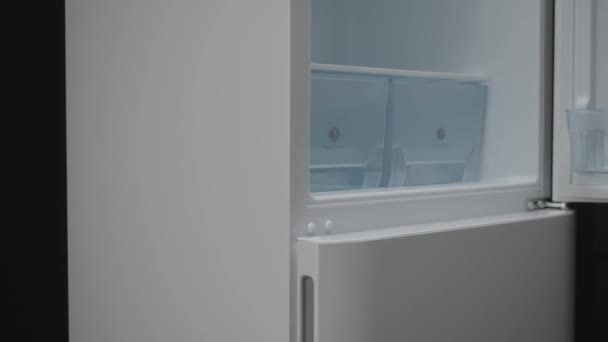 Πόρτα κλεισίματος οικιακού ψυγείου με κουτιά μέσα — Αρχείο Βίντεο