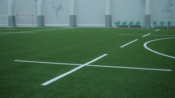 White markis on artificial grass of indoor football field — Stock video
