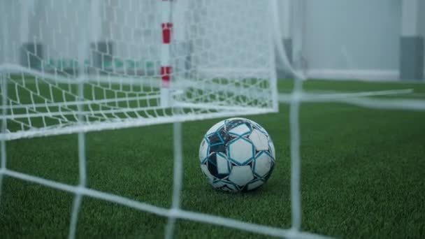 Bola en la puerta en el campo de fútbol grande en el complejo deportivo — Vídeos de Stock
