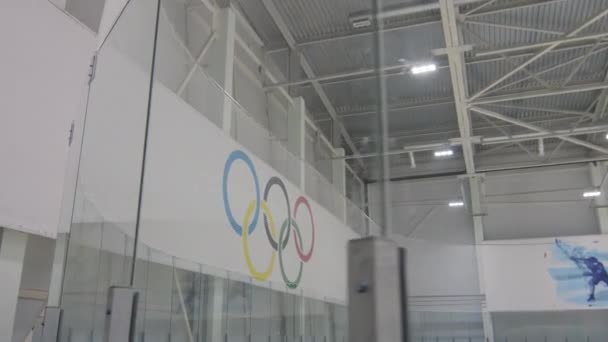 Olympic rings decor and ice rink at modern sports center — 비디오