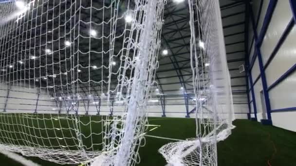 Prázdné vnitřní fotbalové hřiště s umělou trávou a sítí — Stock video