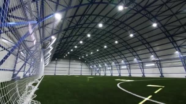 Empty football arena with protective mesh at sports center — Stock Video