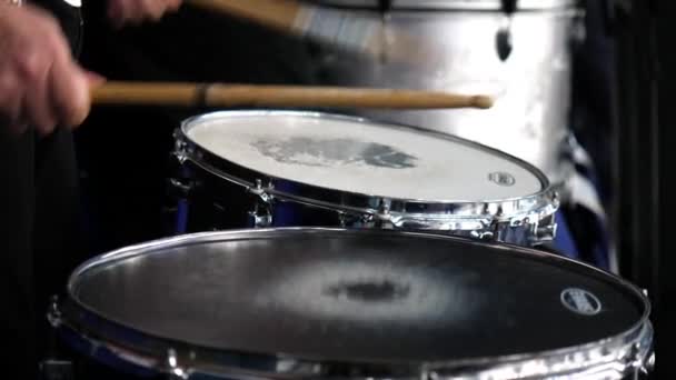 Skilled musician plays drum set at festive concert on stage — Stock Video