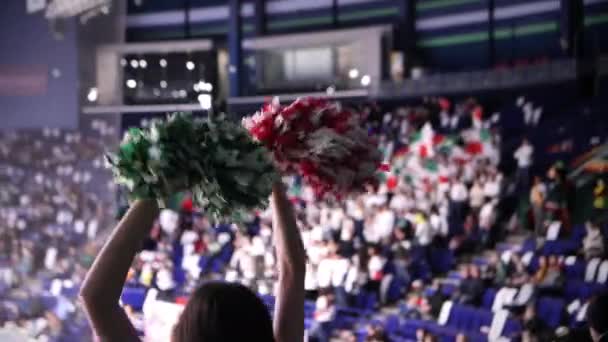 Young woman cheerleader with pompoms dances at hockey — Stock Video