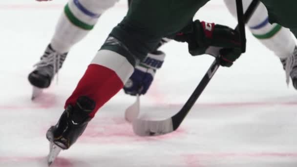 Профессиональные хоккейные команды борются за шайбу на катке — стоковое видео