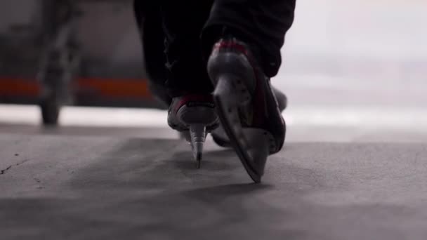 Professional hockey judges skate on ice rink during match — Stock Video