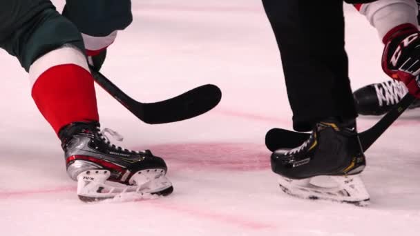 Domaren börjar hockeymatch kasta i puck på isarenan — Stockvideo