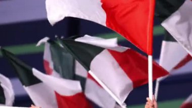 Destekçiler izleyici yerlerinde parlak renkli bayraklar sallıyorlar