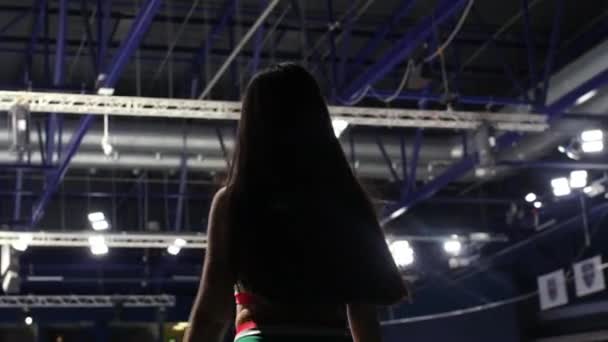 Lady cheerleader sacode pompons para apoiar jogadores de hóquei — Vídeo de Stock