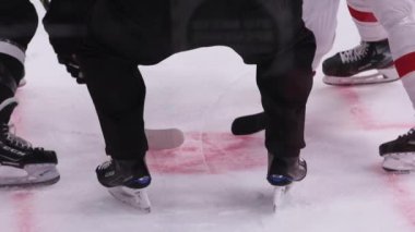 Hakem hokey oyuncuları arasındaki maça başlamak için puck atıyor.