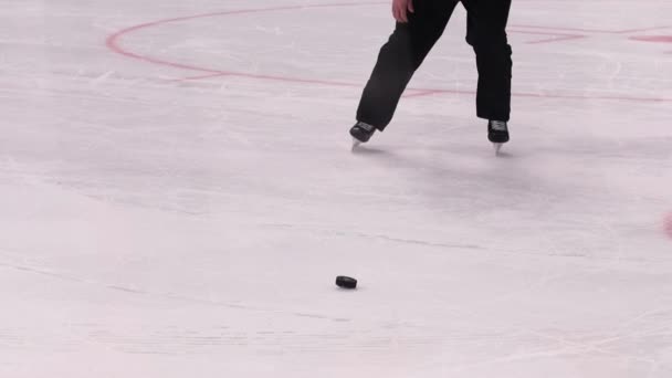 Хокейний арбітр в чорній формі бере шайбу з льодовикової арени — стокове відео